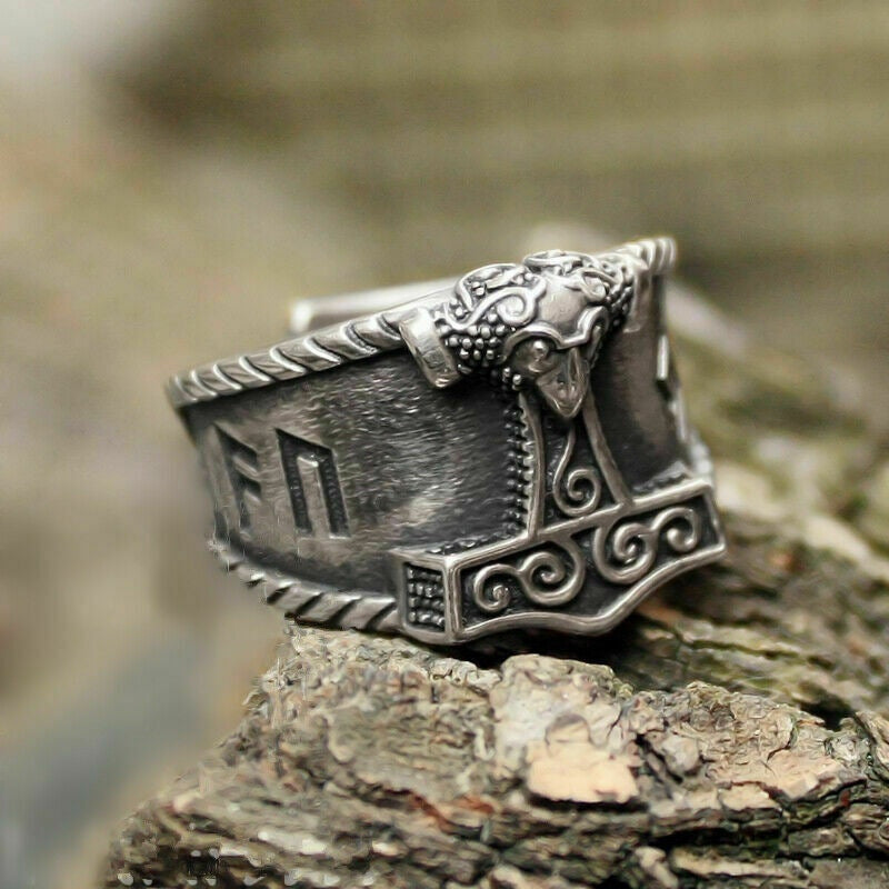 Adjustable Thor Hammer Rune Ring