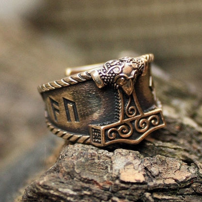Adjustable Thor Hammer Rune Ring