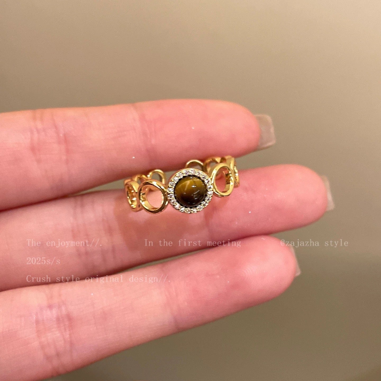 Adjustable Tiger Eye Stone Open Ring