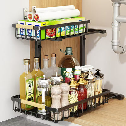 Adjustable Under-Sink Storage Rack, Pull-Out Basket for Household Countertop Seasoning Storage