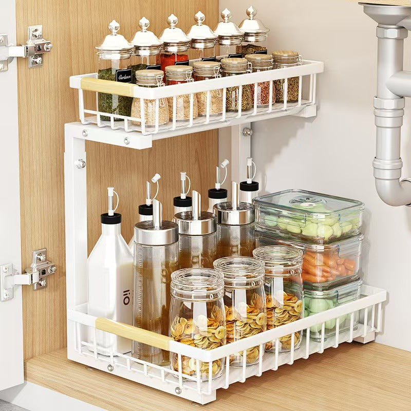 Adjustable Under-Sink Storage Rack, Pull-Out Basket for Household Countertop Seasoning Storage