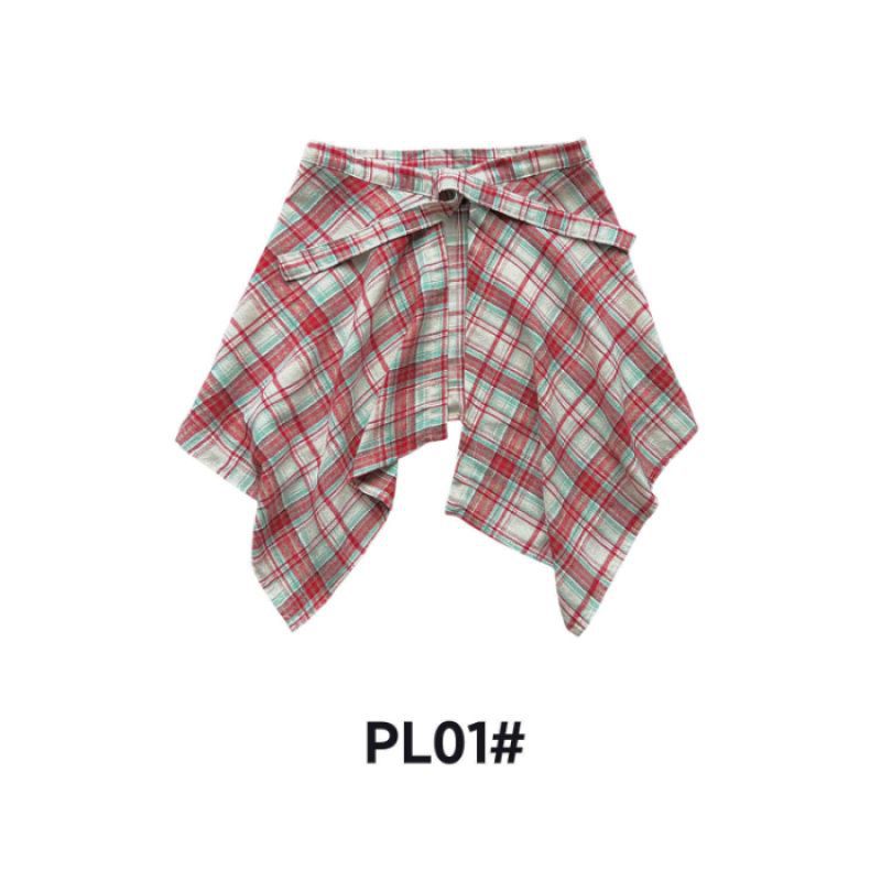 Adjustable Waist Tie Plaid Skirt