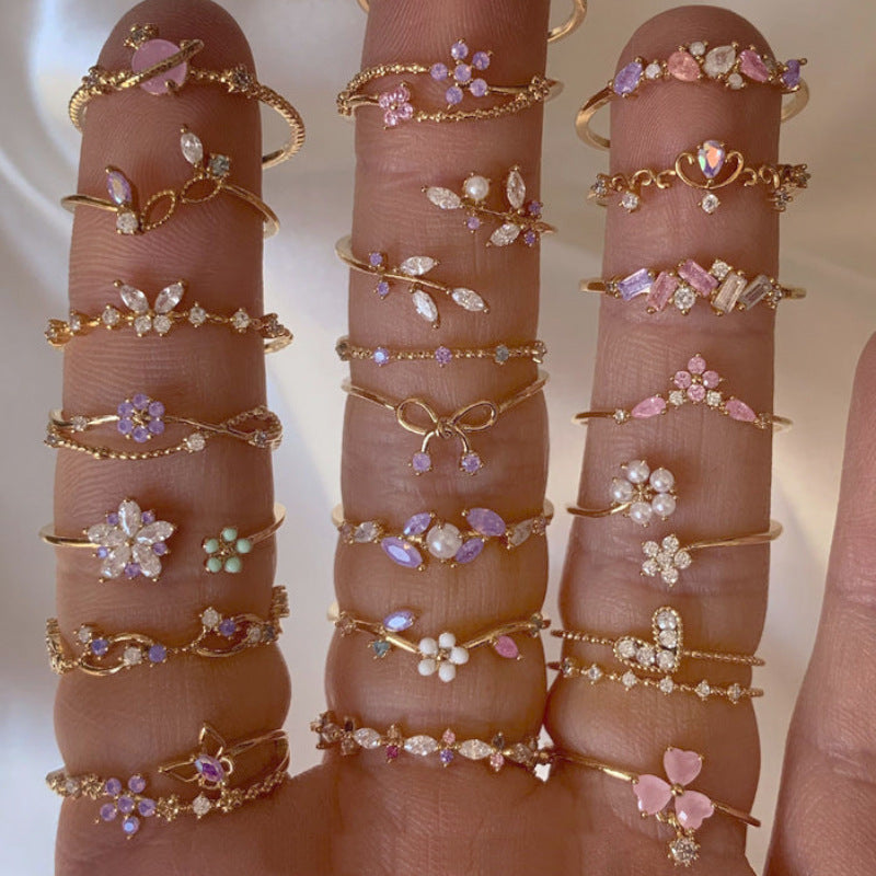 Adjustable Zircon Flower Ring with Gold Plating