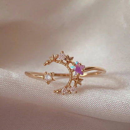 Adjustable Zircon Flower Ring with Gold Plating