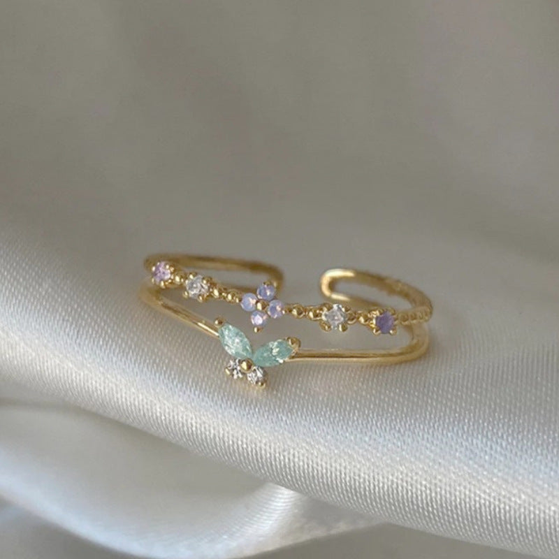 Adjustable Zircon Flower Ring with Gold Plating