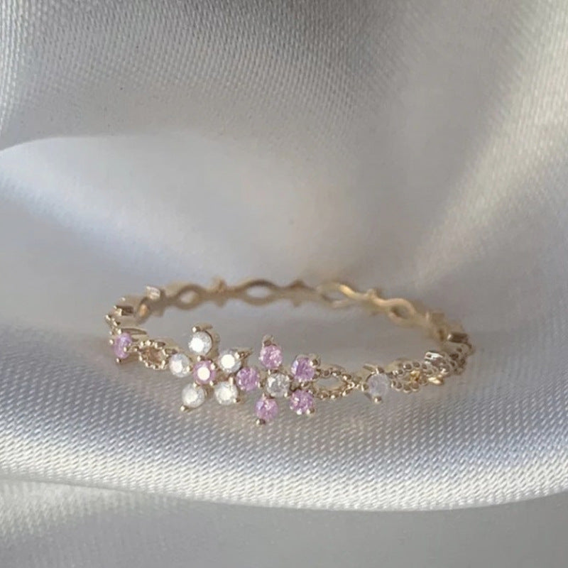 Adjustable Zircon Flower Ring with Gold Plating