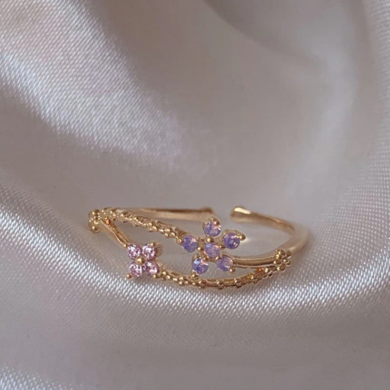Adjustable Zircon Flower Ring with Gold Plating