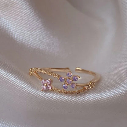 Adjustable Zircon Flower Ring with Gold Plating