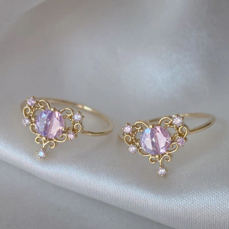 Adjustable Zircon Flower Ring with Gold Plating