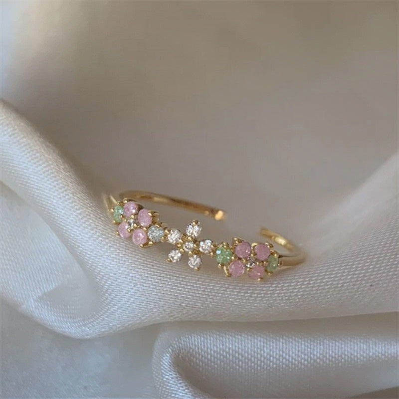Adjustable Zircon Flower Ring with Gold Plating