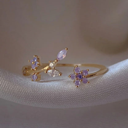 Adjustable Zircon Flower Ring with Gold Plating