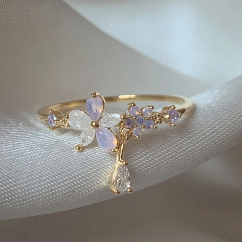 Adjustable Zircon Flower Ring with Gold Plating