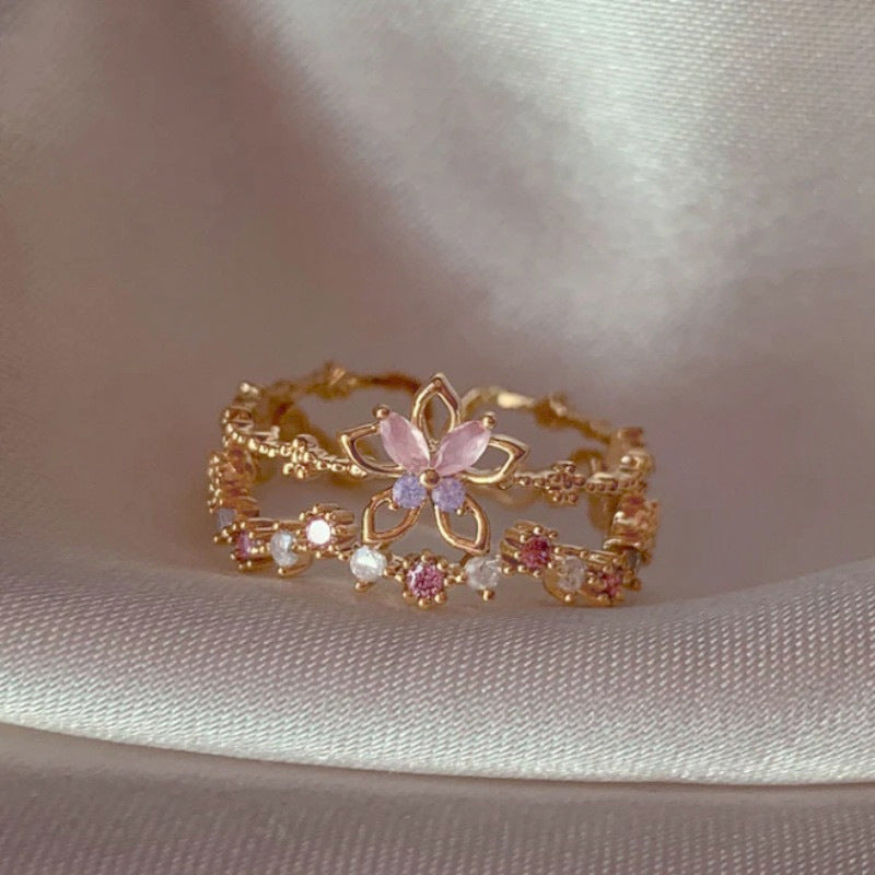 Adjustable Zircon Flower Ring with Gold Plating