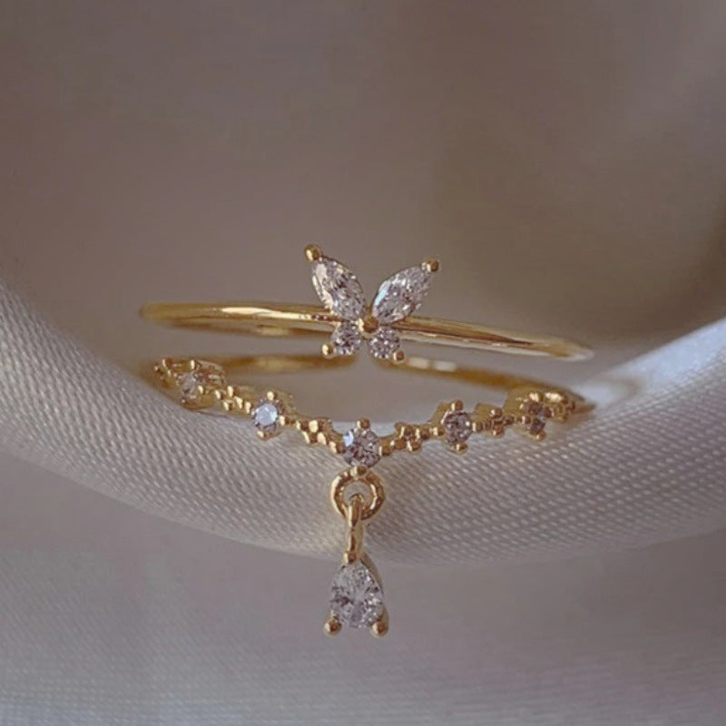 Adjustable Zircon Flower Ring with Gold Plating