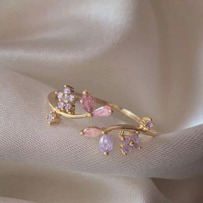 Adjustable Zircon Flower Ring with Gold Plating