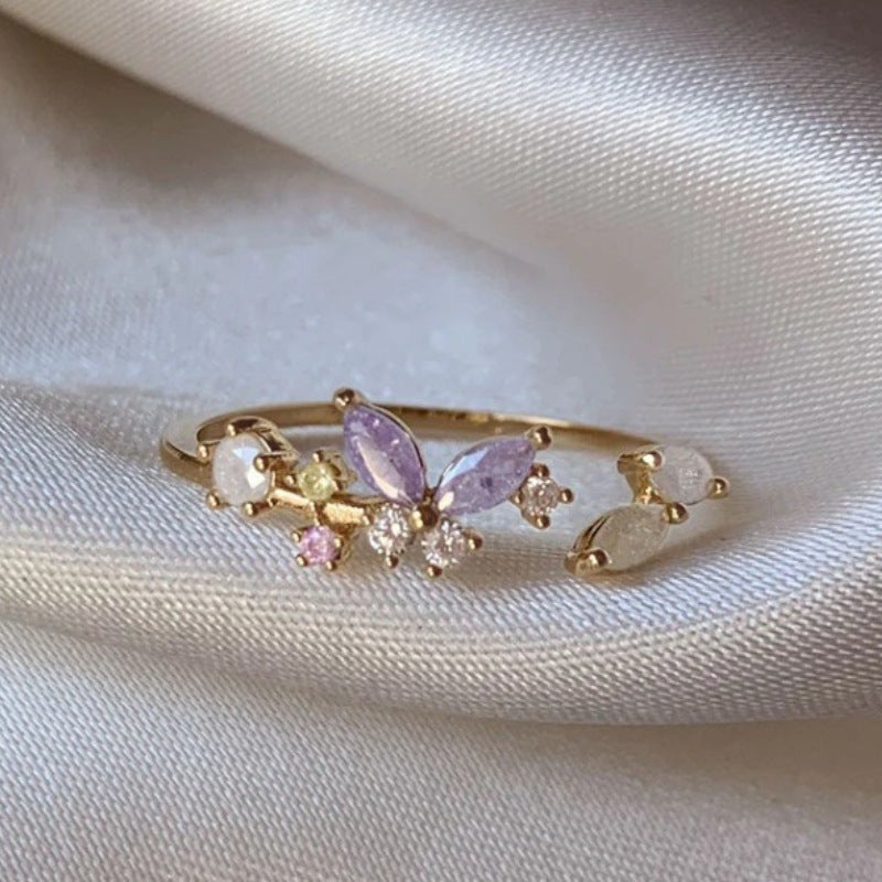 Adjustable Zircon Flower Ring with Gold Plating