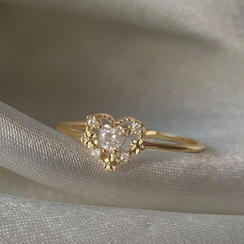 Adjustable Zircon Flower Ring with Gold Plating