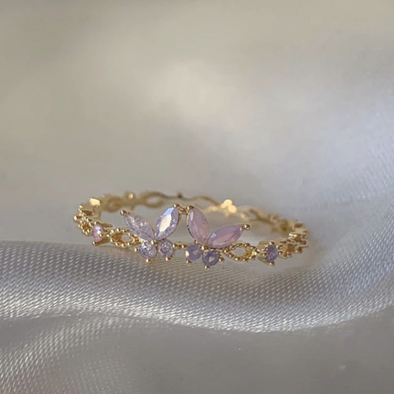 Adjustable Zircon Flower Ring with Gold Plating