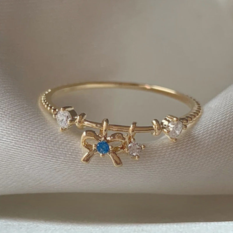 Adjustable Zircon Flower Ring with Gold Plating