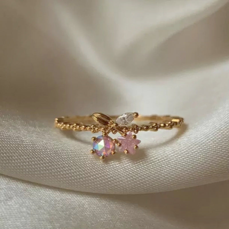 Adjustable Zircon Flower Ring with Gold Plating