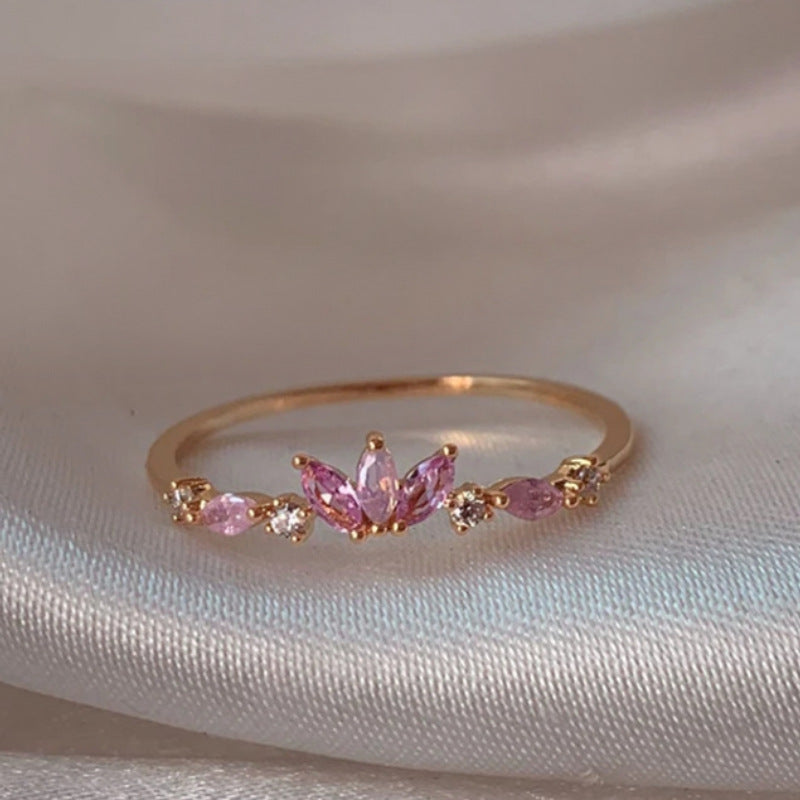 Adjustable Zircon Flower Ring with Gold Plating