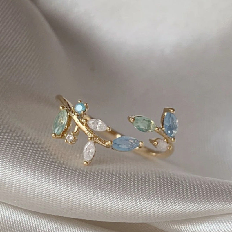 Adjustable Zircon Flower Ring with Gold Plating