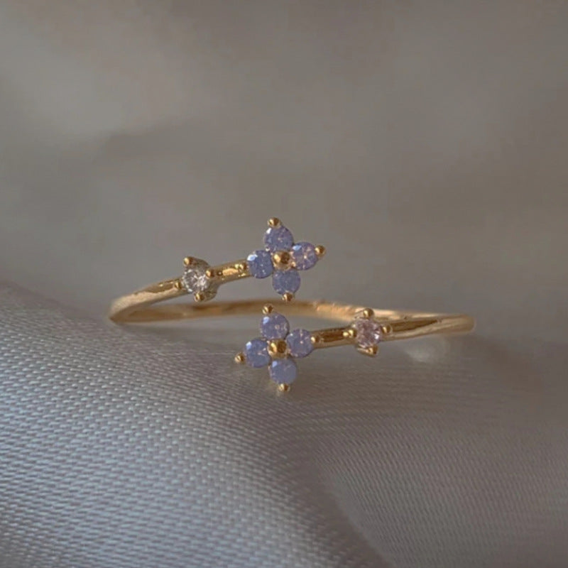 Adjustable Zircon Flower Ring with Gold Plating