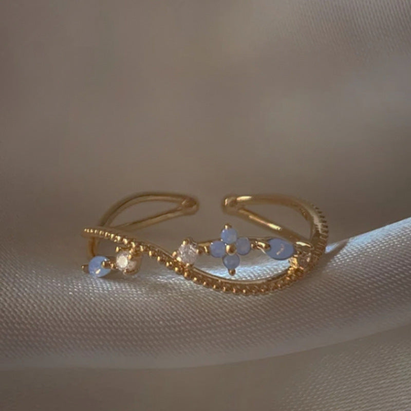 Adjustable Zircon Flower Ring with Gold Plating