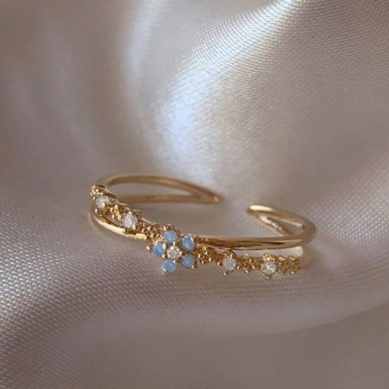 Adjustable Zircon Flower Ring with Gold Plating