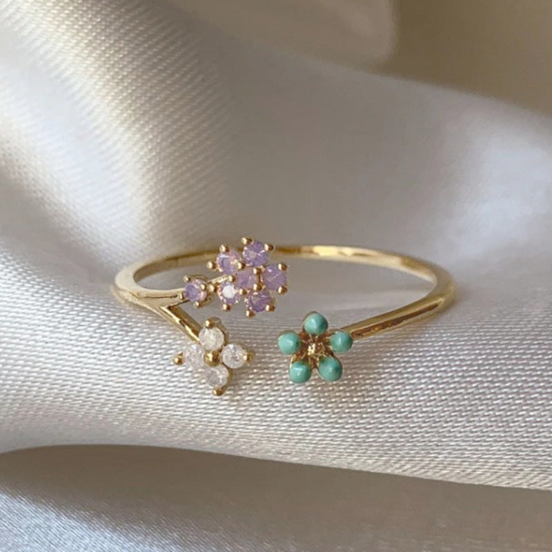 Adjustable Zircon Flower Ring with Gold Plating
