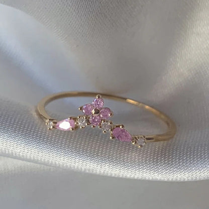 Adjustable Zircon Flower Ring with Gold Plating