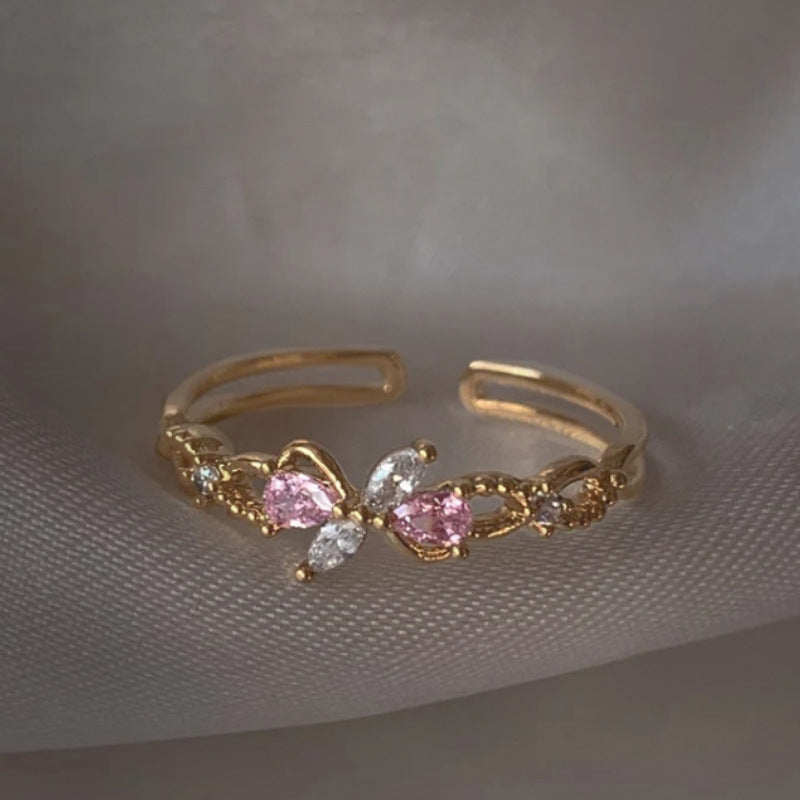 Adjustable Zircon Flower Ring with Gold Plating