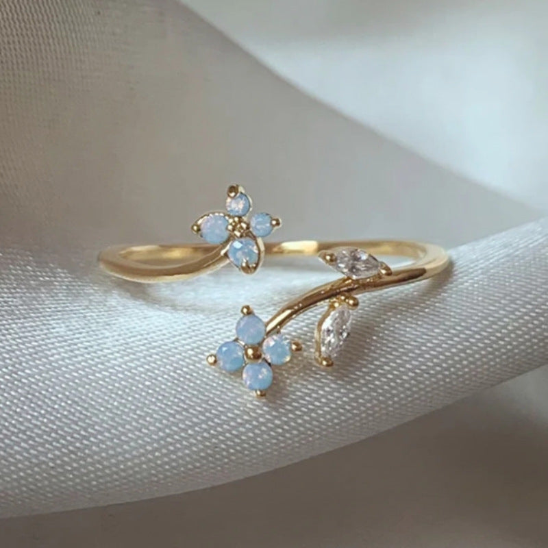 Adjustable Zircon Flower Ring with Gold Plating