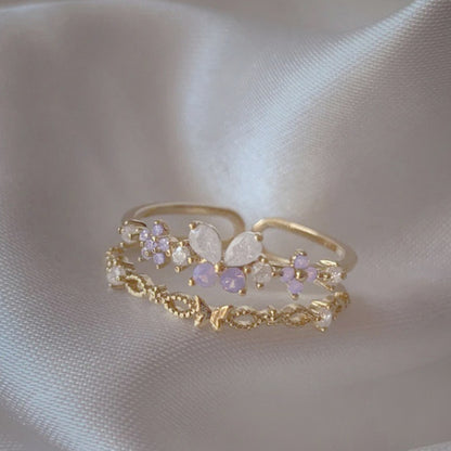 Adjustable Zircon Flower Ring with Gold Plating