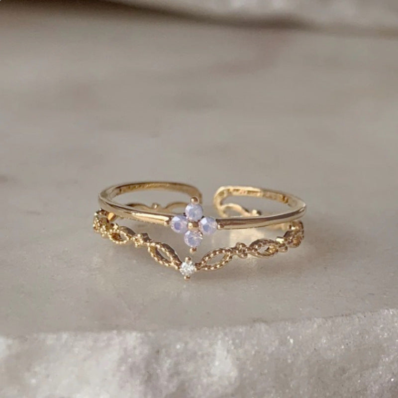Adjustable Zircon Flower Ring with Gold Plating