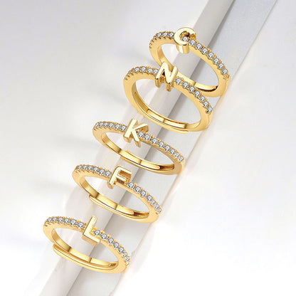Adjustable Zircon Letter Ring Brass Gold Plated