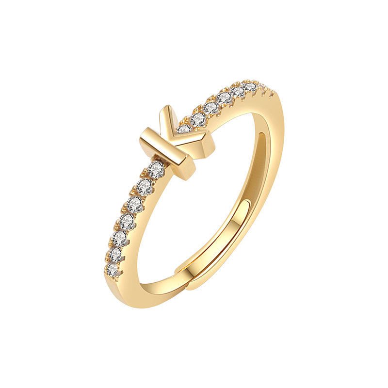 Adjustable Zircon Letter Ring Brass Gold Plated