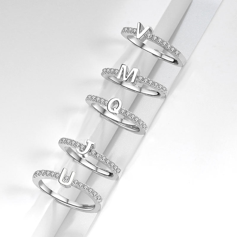 Adjustable Zircon Letter Ring Brass Gold Plated