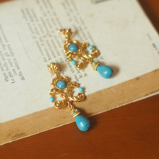 Buy Vintage Palace Style Turquoise Floral Carved Drop Earrings