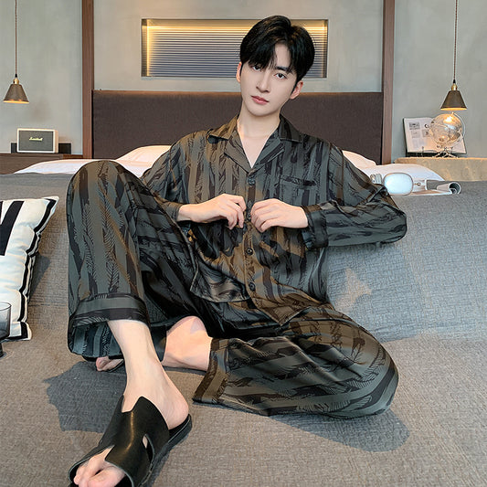 High-grade Ice Silk Men's Pajamas V-neck Thin Trousers Long Sleeve Two-piece Set