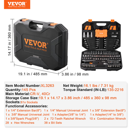 VEVOR 145-Piece Mechanics Tool and Socket Set for DIY Repairs