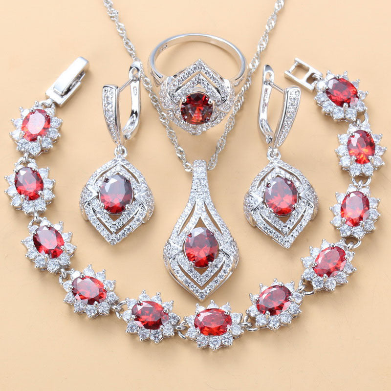 Inlaid Gemstone Pendant Earrings Necklace And Ring For Women 4 PCs