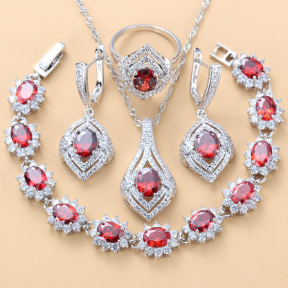 Inlaid Gemstone Pendant Earrings Necklace And Ring For Women 4 PCs
