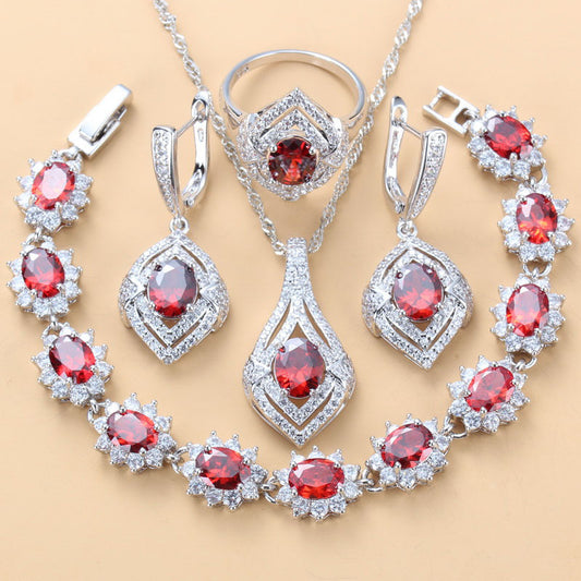 Inlaid Gemstone Pendant Earrings Necklace And Ring For Women 4 PCs