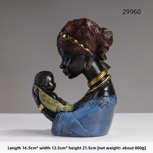 African Mother and Son Resin Statue Vintage Home Decor
