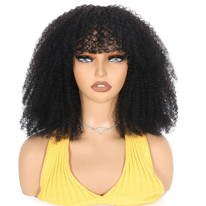 Afro Kinky Curly Human Hair Wigs with Bangs