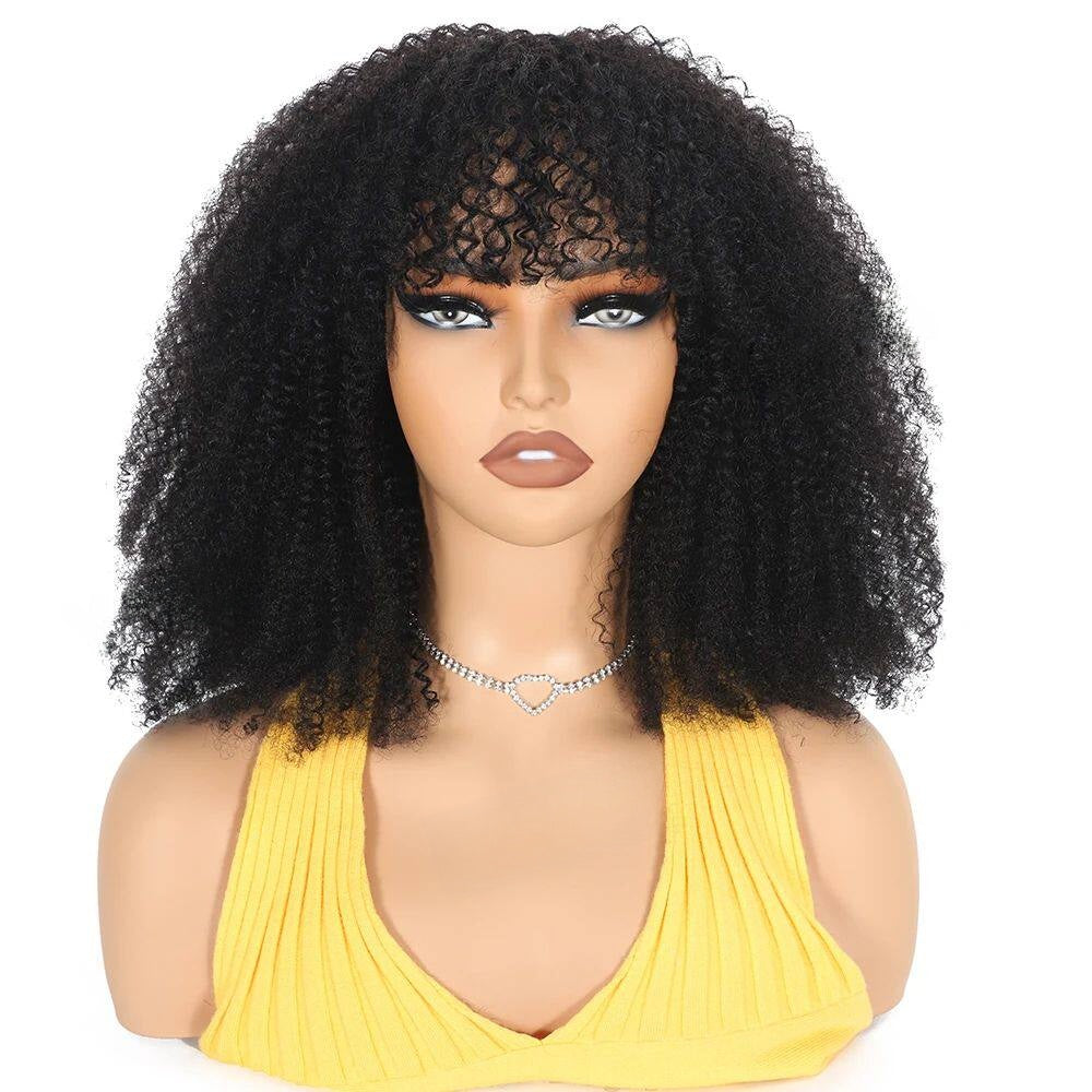 Afro Kinky Curly Human Hair Wigs with Bangs