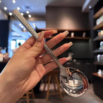 ainless Steel Hammered Soup Spoon Long Handle Dining