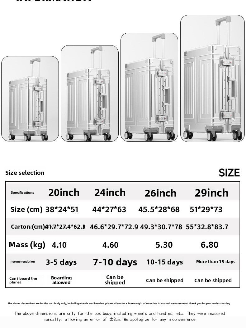 All-Aluminum-Magnesium Alloy Telescopic Handle Luggage with 360-Degree Swivel Wheels