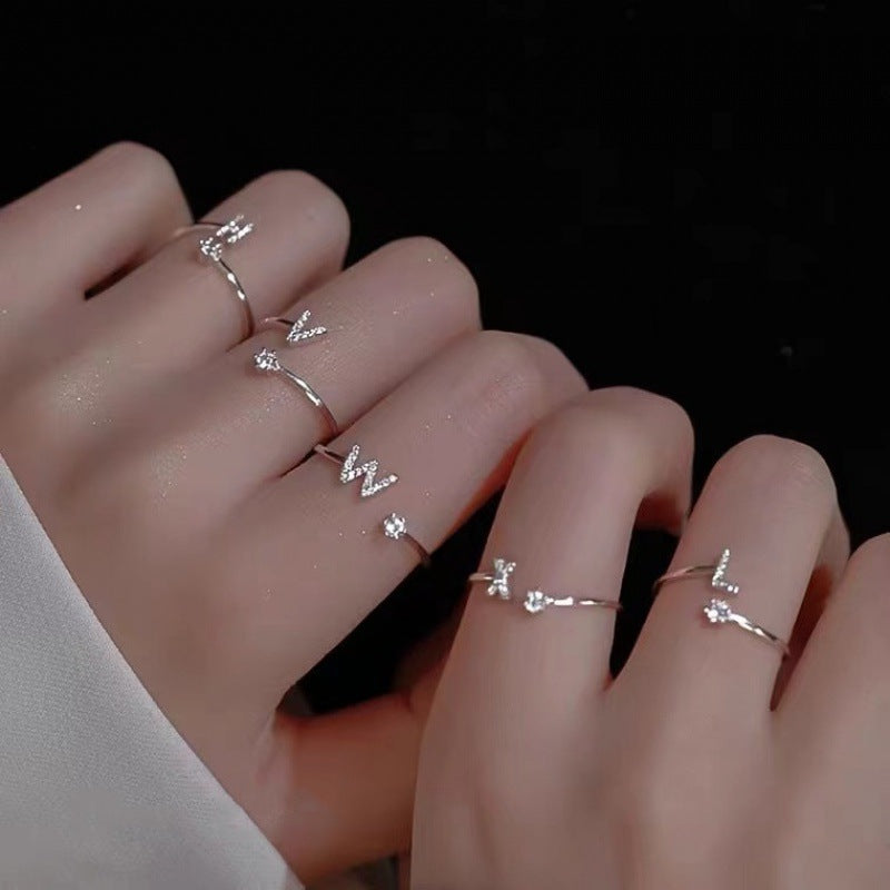 Alphabet Letter Ring for Women, Adjustable Open Zircon Fashion Ring
